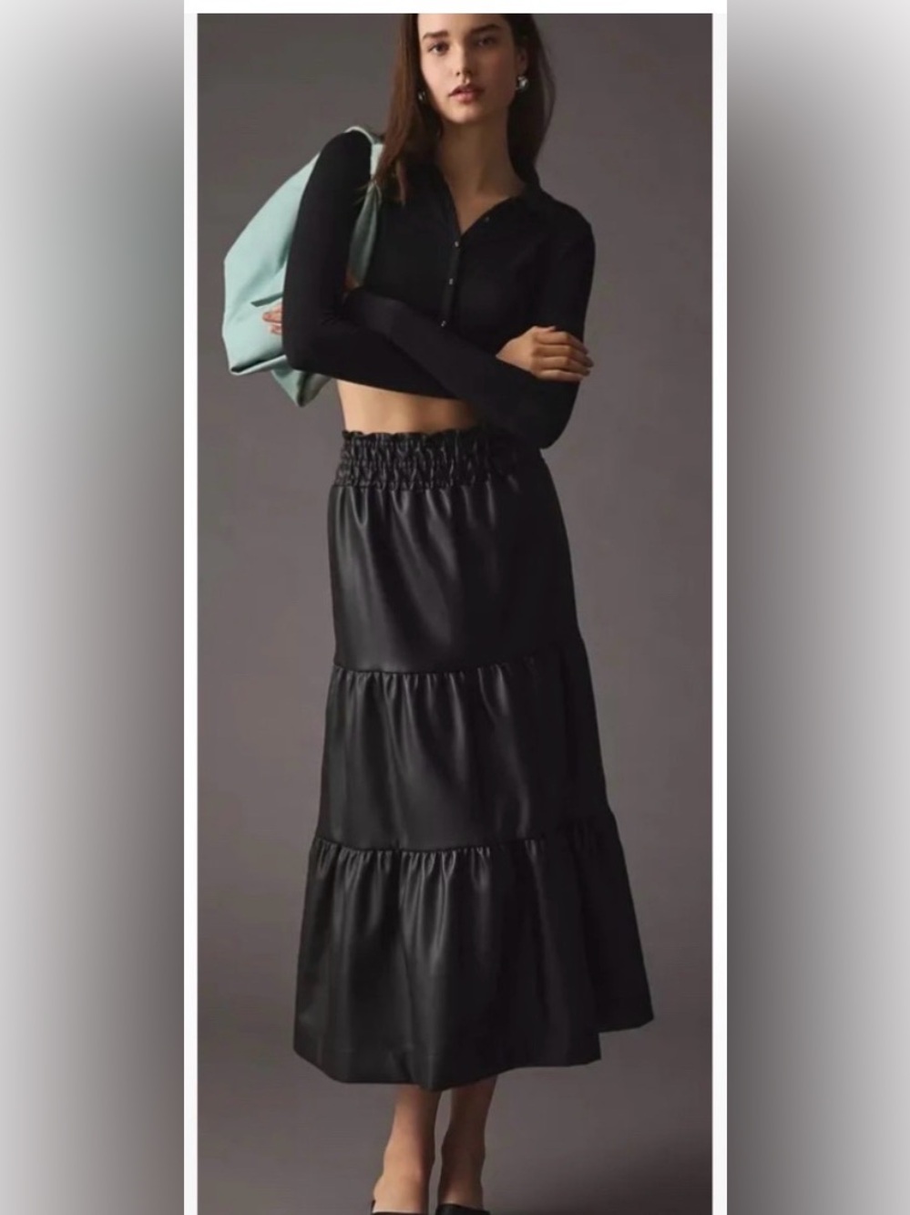 Anthropologie The Somerset Maxi Skirt Faux Leather Edition Tiered Black Size L